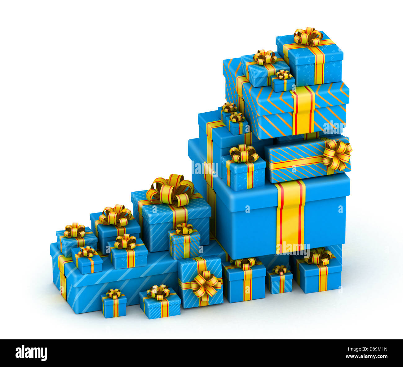 Pile of white gift boxes with yellow ribbon Stock Photo Alamy