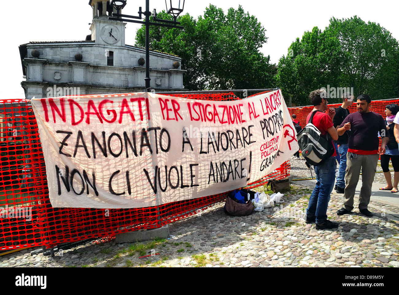 Padua, Italy, May 22, 2013. Banner against the new Italian Minister for Economic  Development Flavio Zanonato. Stock Photo