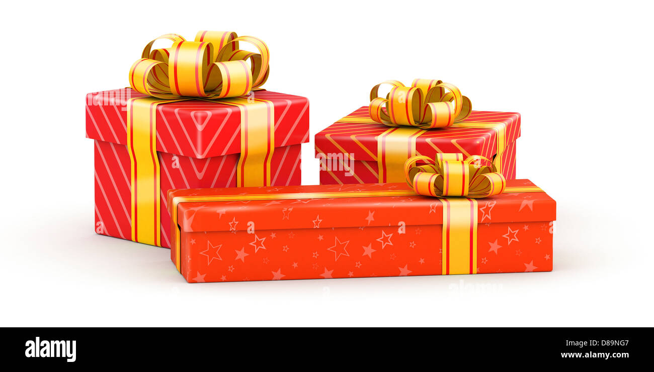 Three red gift boxes on white background Stock Photo - Alamy