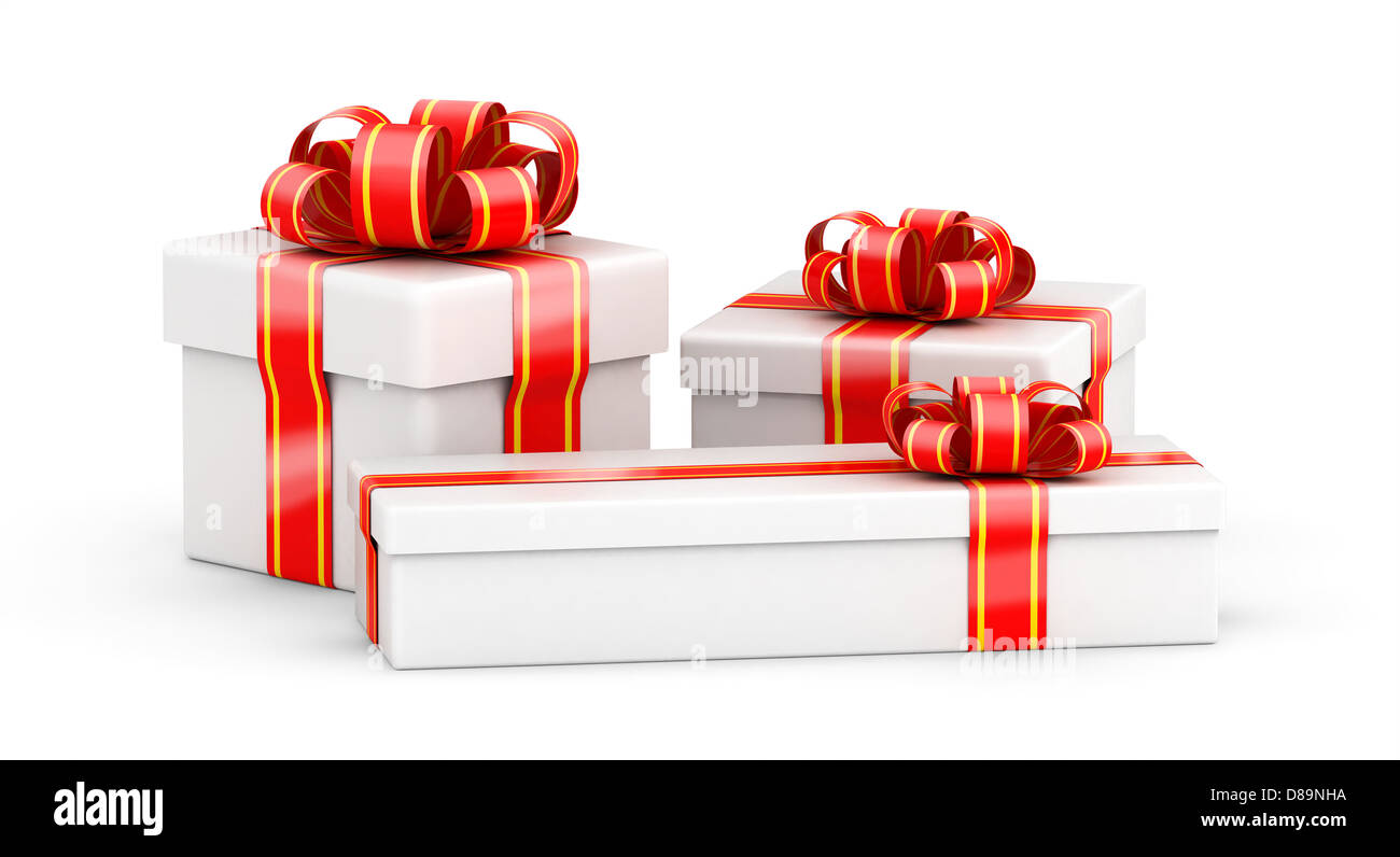Three white gift boxes with red ribbon on white backgrounds Stock Photo ...