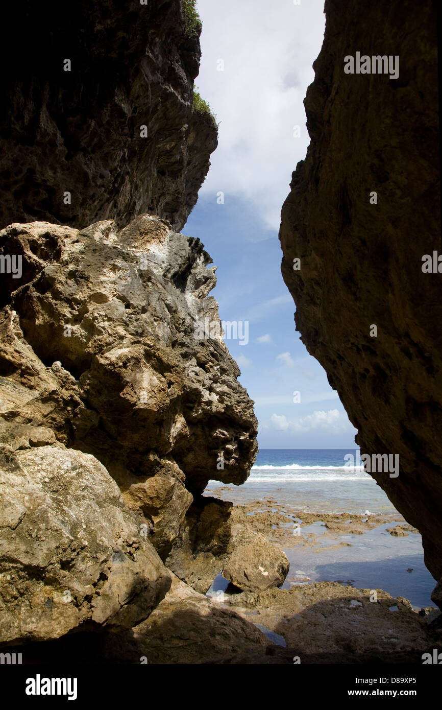 Exiting Avaiki caves on to the beach, Alofi, Niue, South Pacific Island. Stock Photo