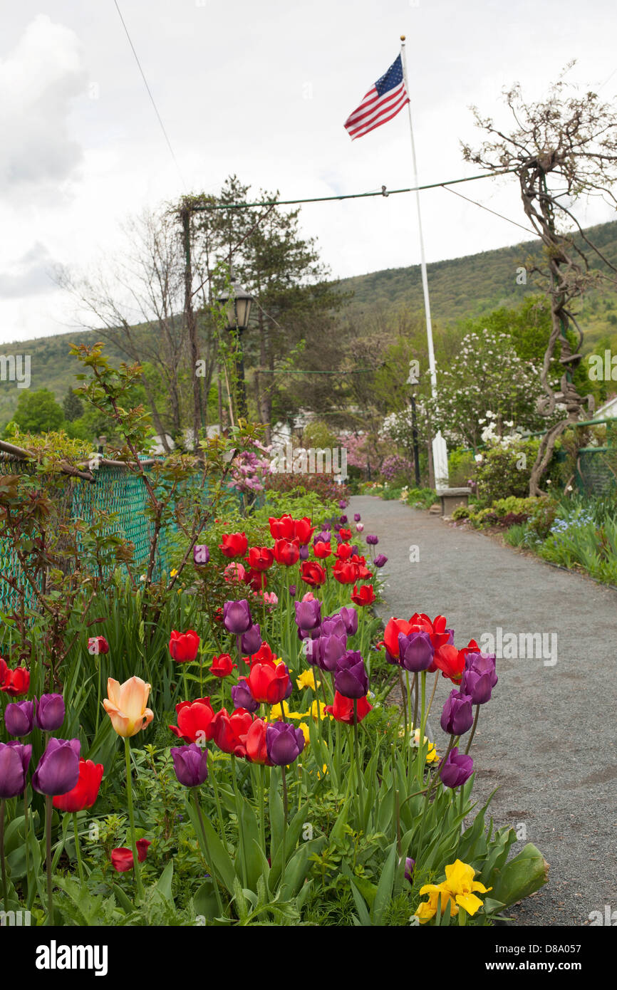Shelburne Falls Bridge of Flowers in Spring, Shelburne Falls MA Stock