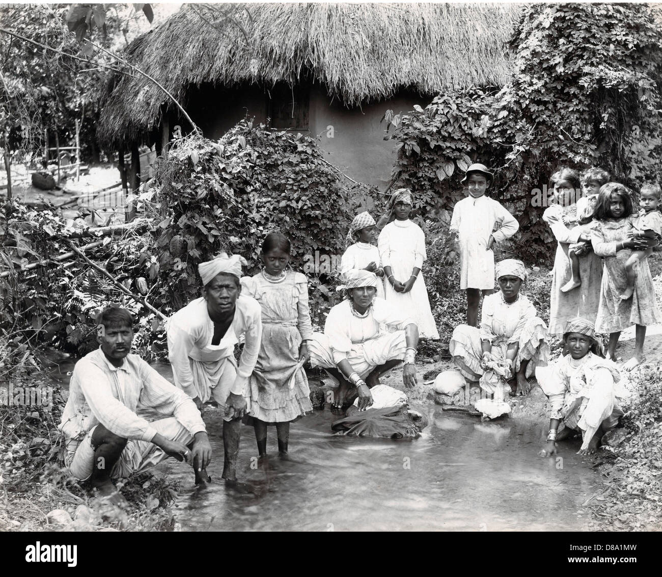 Coolies Washing Clothes, Jamaica, ca 1890, by A. Duperly & Sons Stock Photo