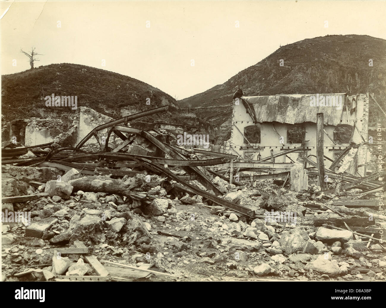 Ruined Hospital after eruption of Mt Pelee, St Pierre, Martinique, 1902 Stock Photo