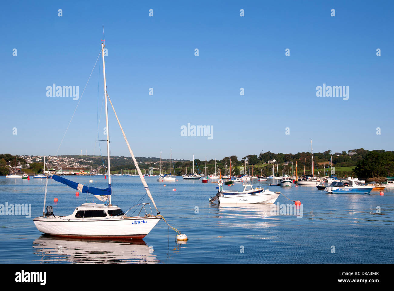 Boats moored in Falmouth Bay, Cornwall, UK Stock Photo