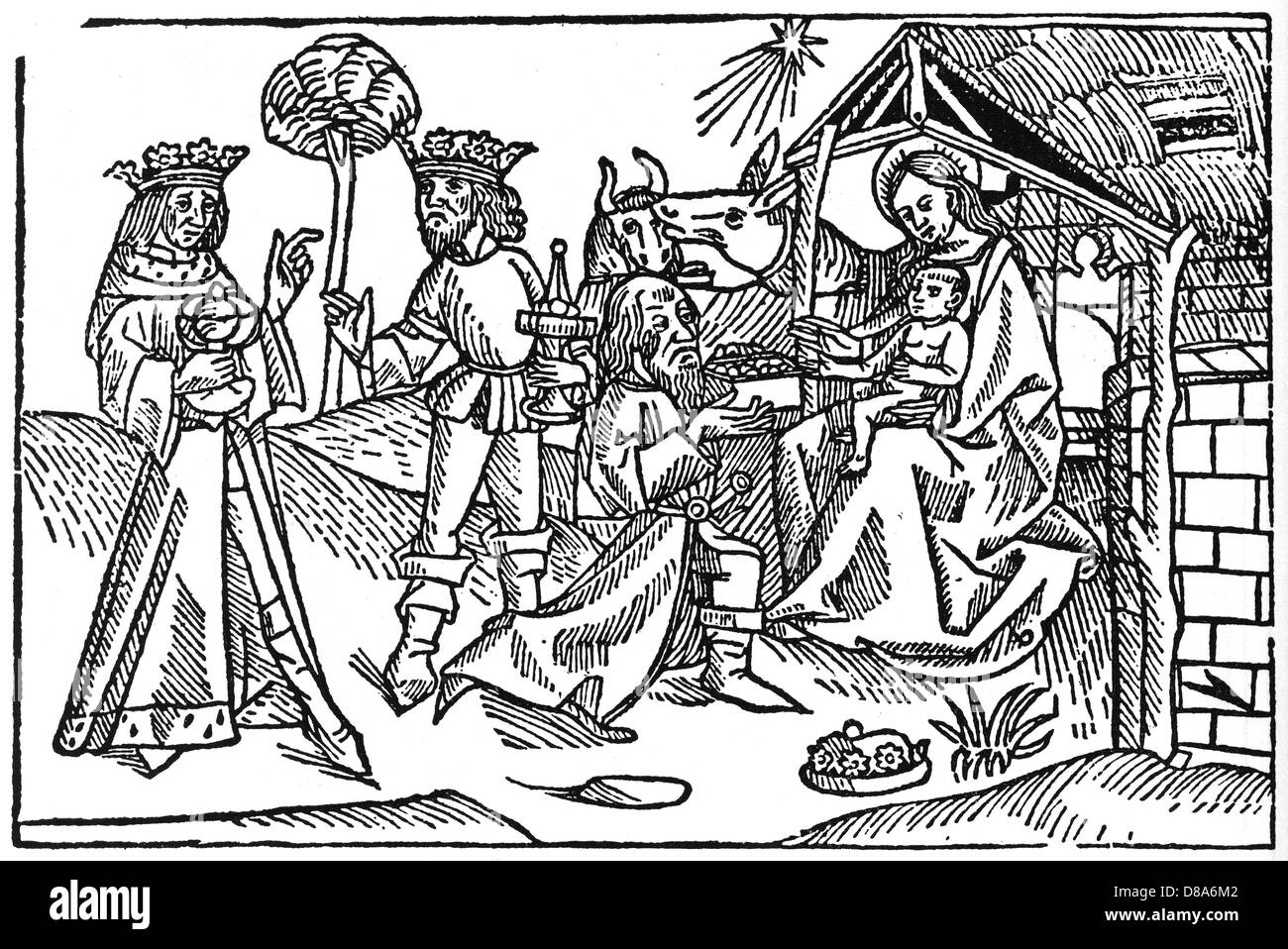 The Magi (Three Kings) visit the baby Jesus (Caxton) Stock Photo