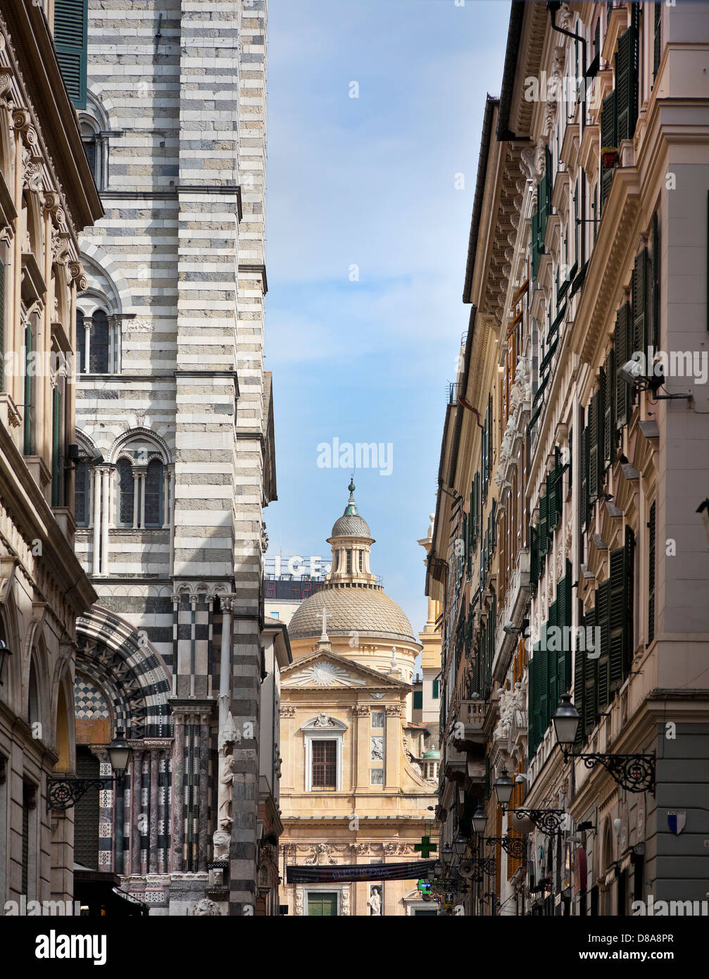 Genoa, Italy, View down Via San Lorenzo, Chiesa del Gesu, church Stock Photo