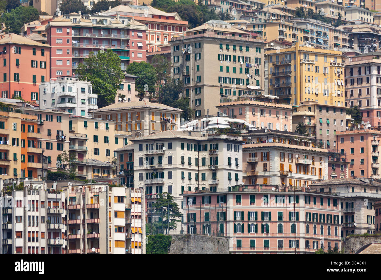 Genoa (Genova), Italy, typical older buildings built on the hillside Stock Photo