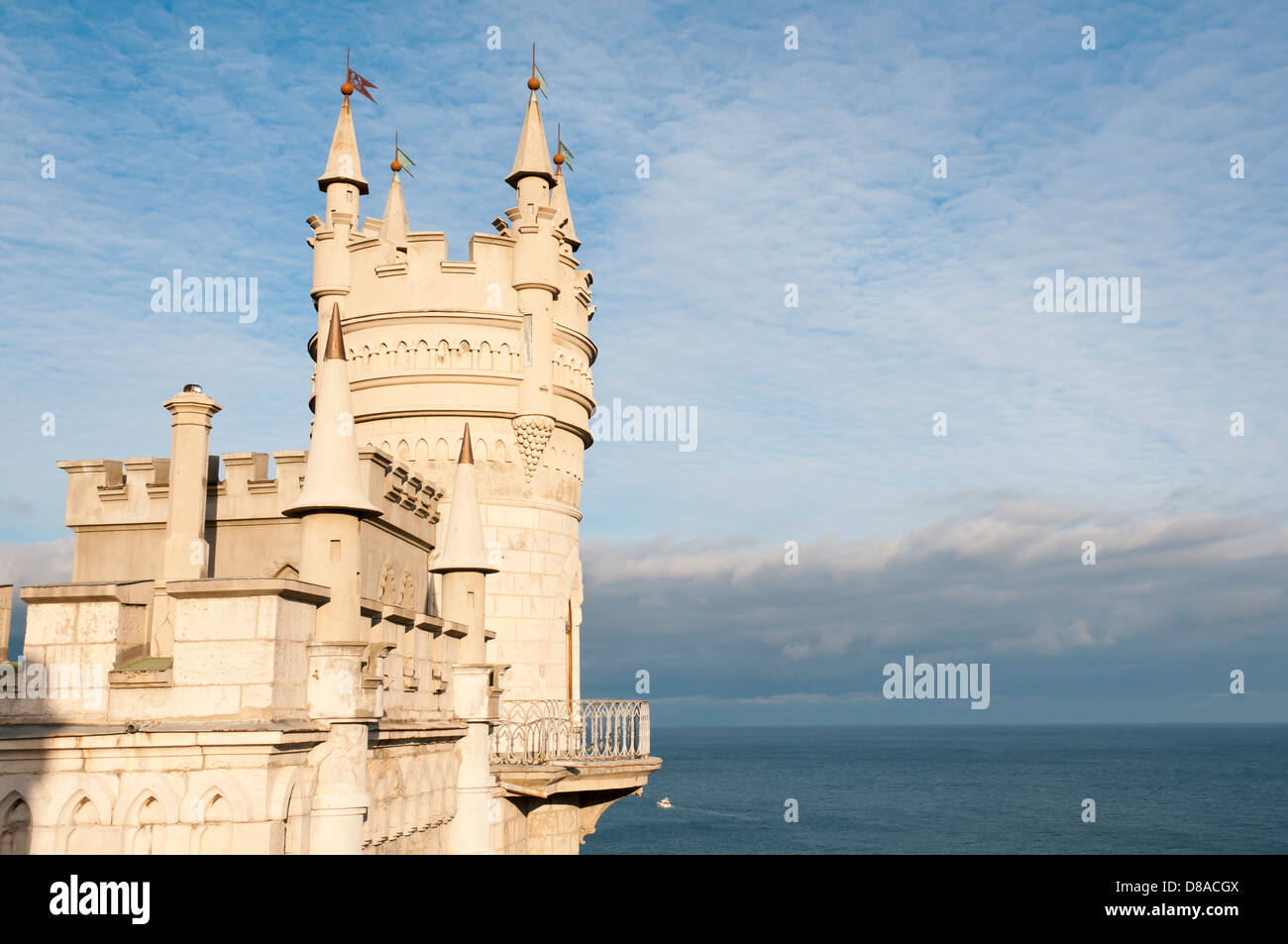 Swallow's Nest Castle tower, Crimea, Ukraine, with blue sky and sea on background Stock Photo