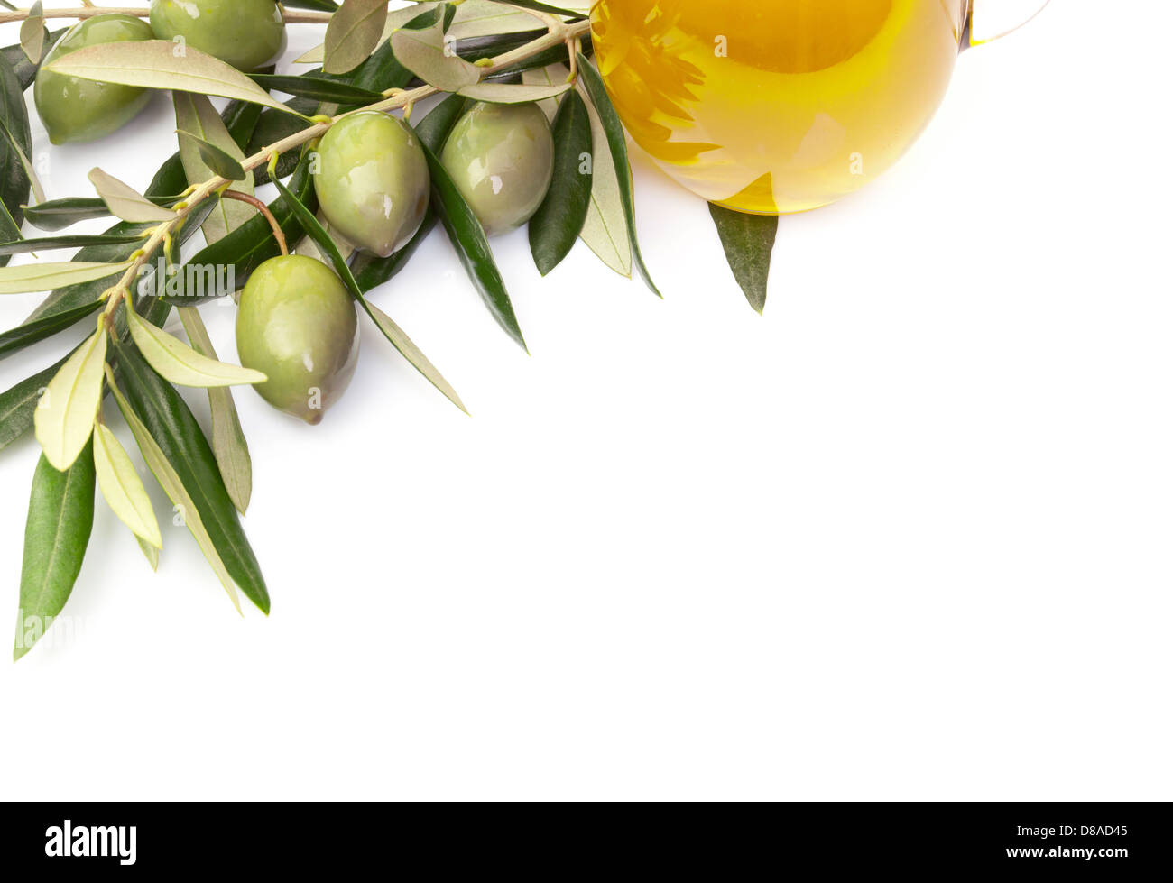 Olives and a bottle of olive oil isolated on white background Stock ...