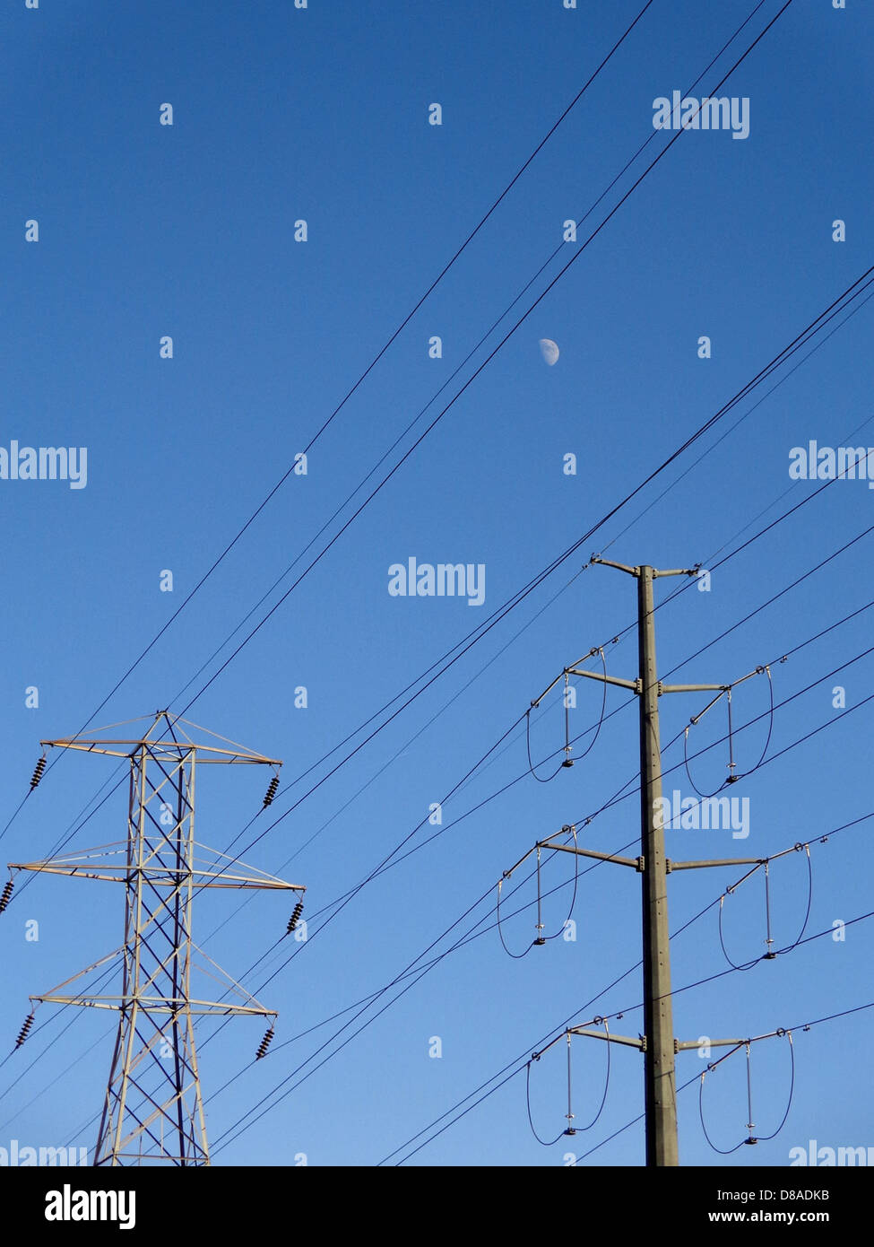 electric power lines with blue sky and daytime moon Stock Photo - Alamy