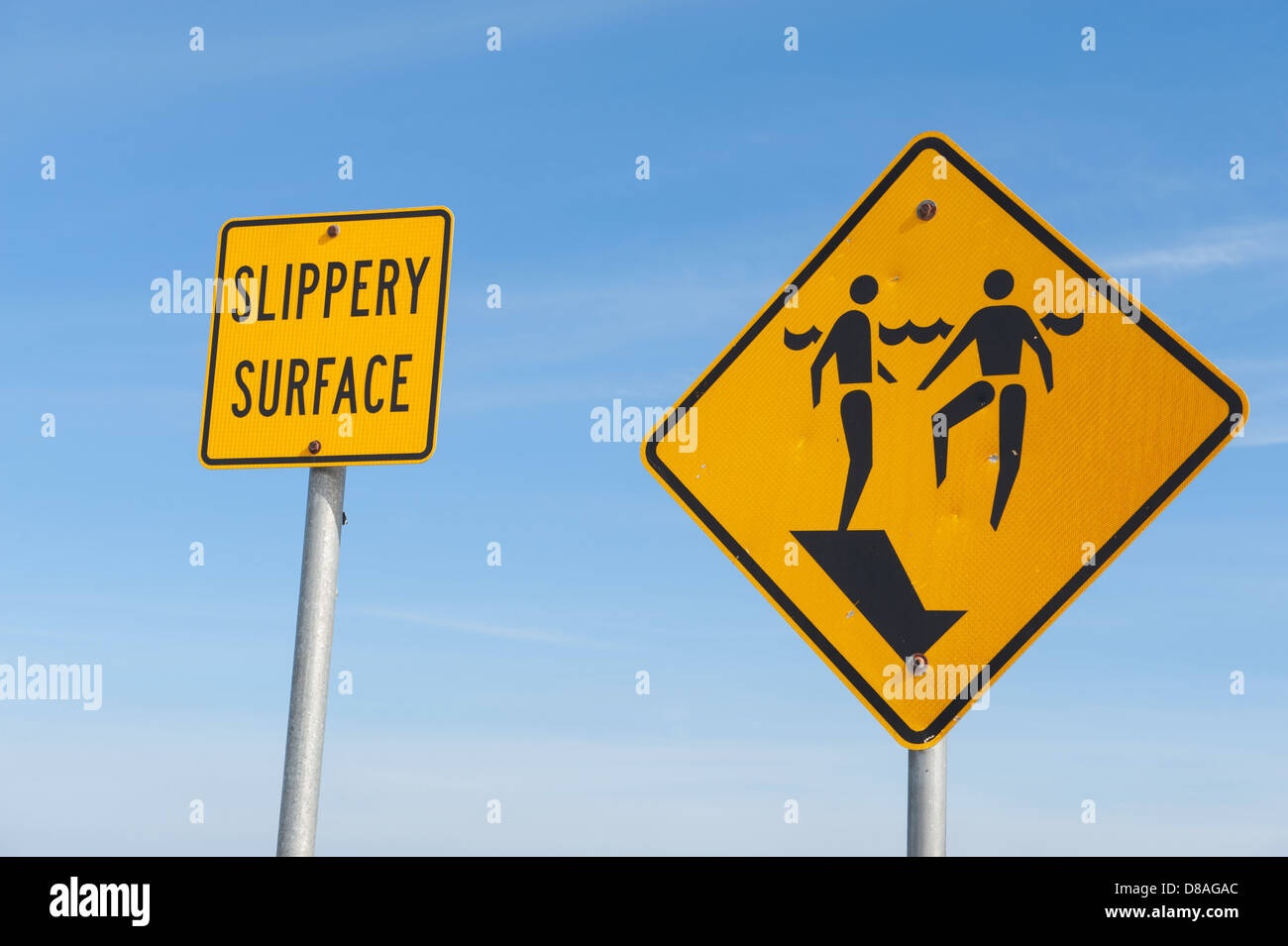 Signs warning of a slippery surface and sudden drop off Stock Photo Alamy
