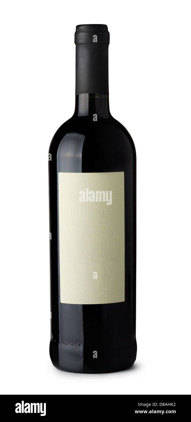 Full bottle of red wine with blank label isolated on white Stock Photo