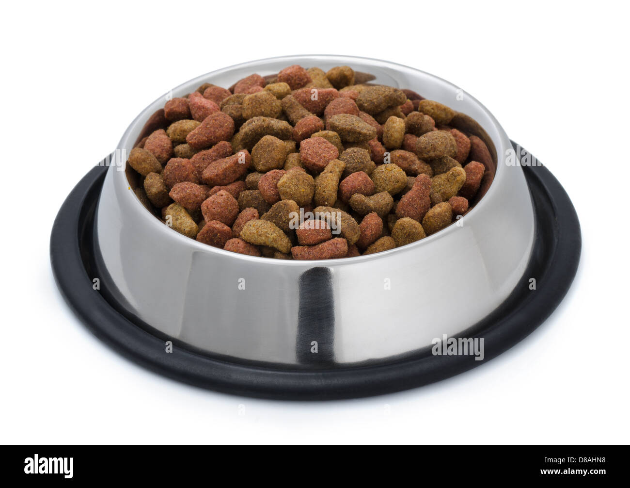 Steel bowl of pet food isolated on white Stock Photo