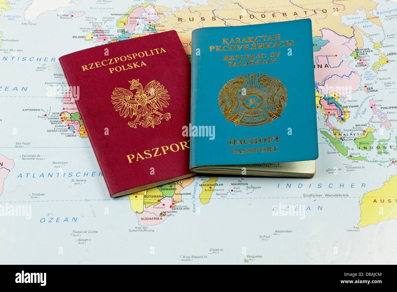 ethnic polish emigrant  .Passports on the map Stock Photo