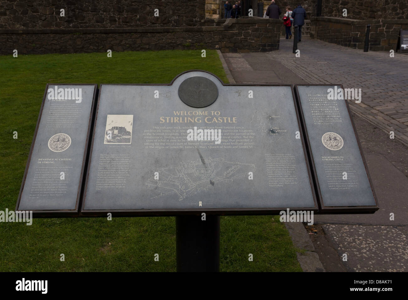 The welcome plaque for the Stirling Castle at the entrance of the castle, providing information about the history and heritage Stock Photo