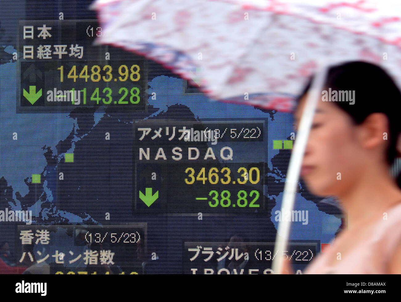 May 23, 2013, Tokyo, Japan - Oblivious to a record drop in share prices on the Tokyo Stock Exchange market, a passerby walks past the stock price board of a local brokerage in Tokyo on Thursday, May 23, 2013.The Nikkei share average plunged 7.3 per cent, its biggest one-day percentage drop in 13 years, ending at 14,483.98 in the 11th-largest point drop on record.  (Photo by Natsuki Sakai/AFLO) Stock Photo