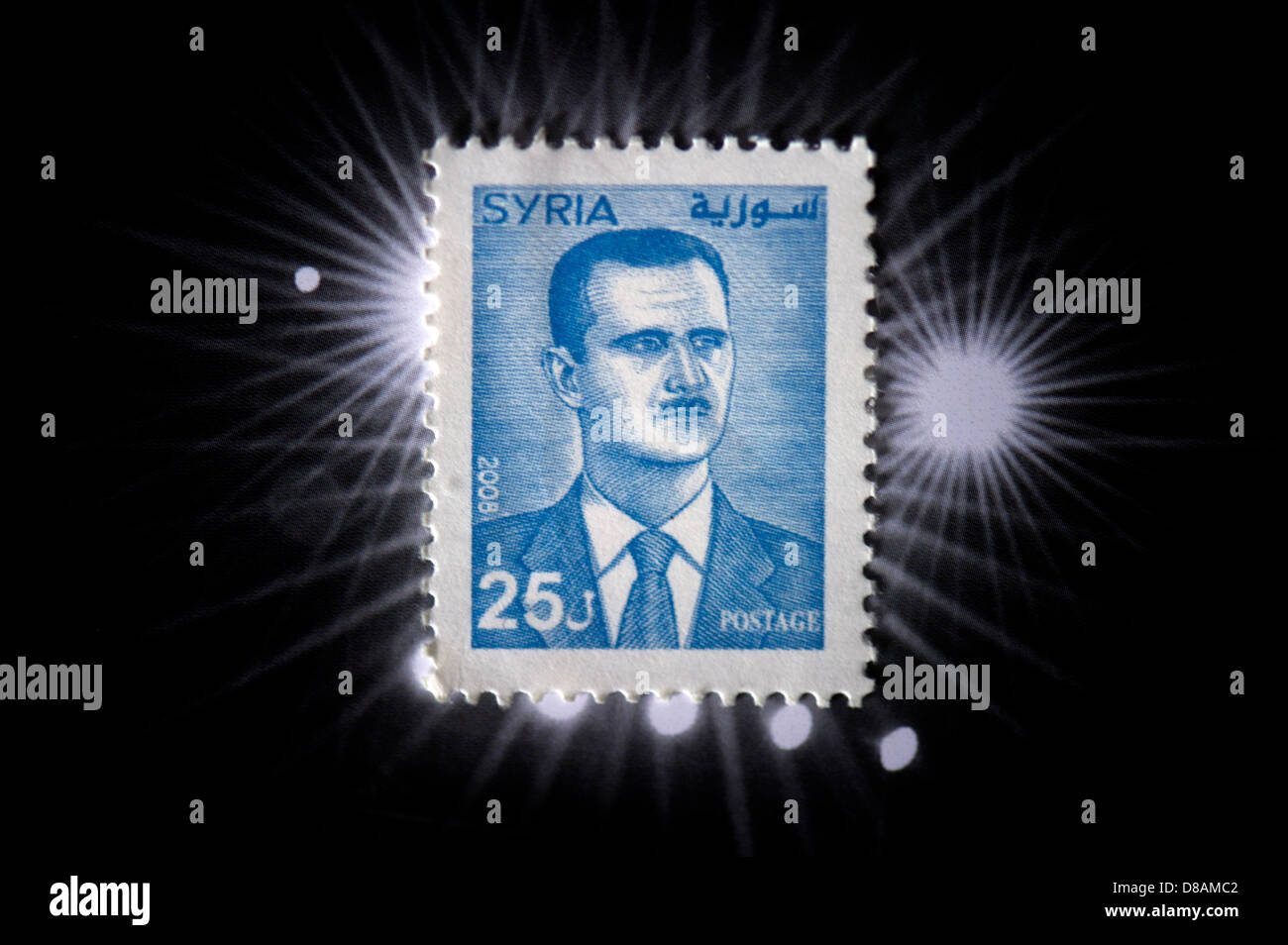 ILLUSTRATION - The President of Syria, Bashar al-Assad, is pictured on a Syrian stamp, in Dresden, Germany, 23 May 2013. The diplomatic efforts to resolve the Syrian conflict are in full swing. At a meeting of foreign ministers in Amman, all hopes are placed in a peace conference - and the pressure on the Assad regime is increased. Photo: ARNO BURGI Stock Photo