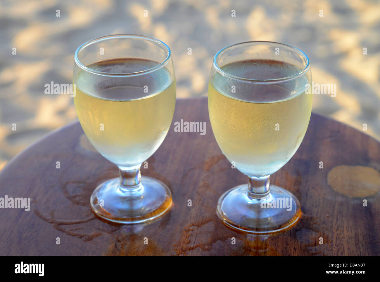 Chilled wine served in chiringuito, or a beach bar, Cala Saona