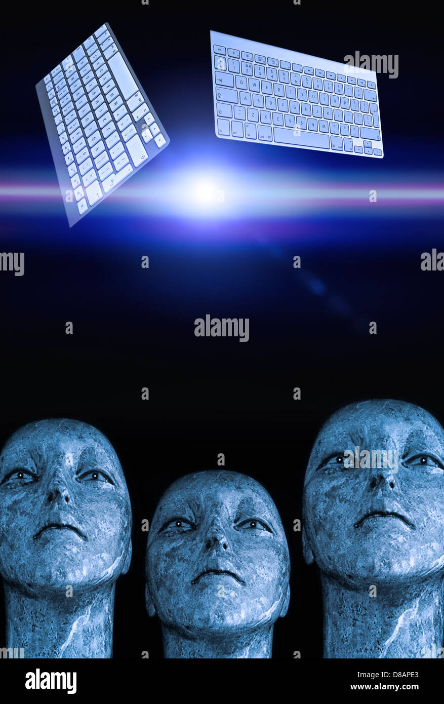 aliens looking into future with keyboards floating in space Stock Photo