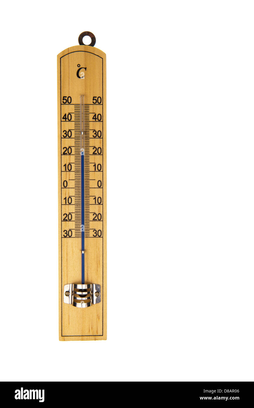 Conventional blue Mercury room thermometer in Celsius scale, isolated in white background Stock Photo