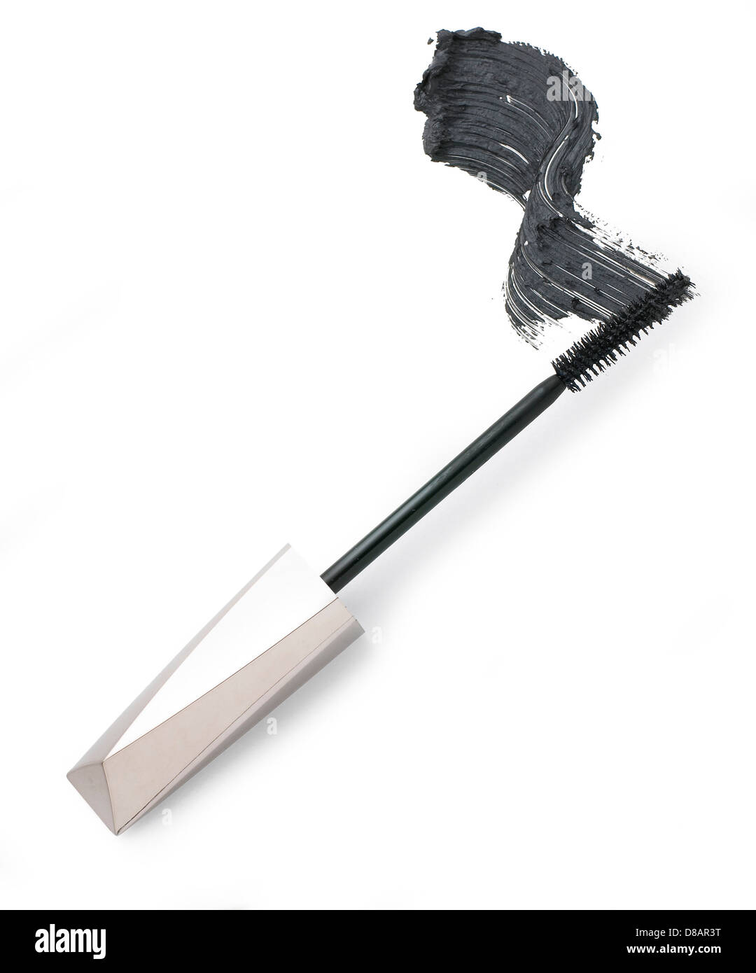 mascara wand with sweep of mascara cut out onto a white background
