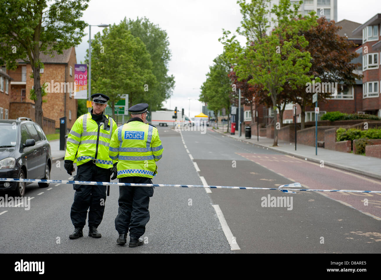 Police cordon off Wellington Street in Woolwich, Southeast London, following the murder of soldier Lee Rigby in broad daylight. Stock Photo