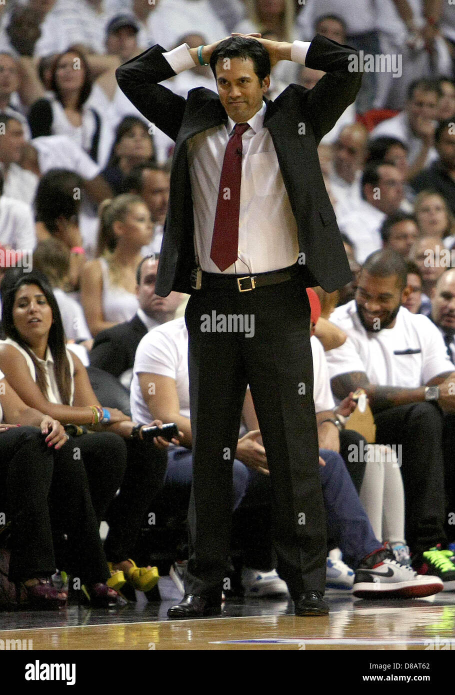 May 22, 2013 - Miami, Florida, U.S. - Miami Heat Coach Erik Spoelstra reacts after the Pacers scored a basket during third quarter action of the Eastern Conference finals game one between the Heat and the Indiana Pacers Wednesday evening May 22, 2013 at American Airlines Arena in Miami. (Credit Image: © Bill Ingram/The Palm Beach Post/ZUMAPRESS.com) Stock Photo