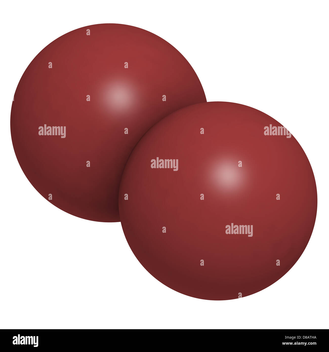 Elemental bromine (Br2), molecular model. Atoms are represented as spheres with conventional color coding: bromine (brown) Stock Photo