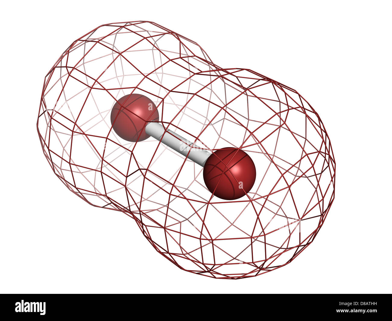 Elemental bromine (Br2), molecular model. Atoms are represented as spheres with conventional color coding: bromine (brown) Stock Photo