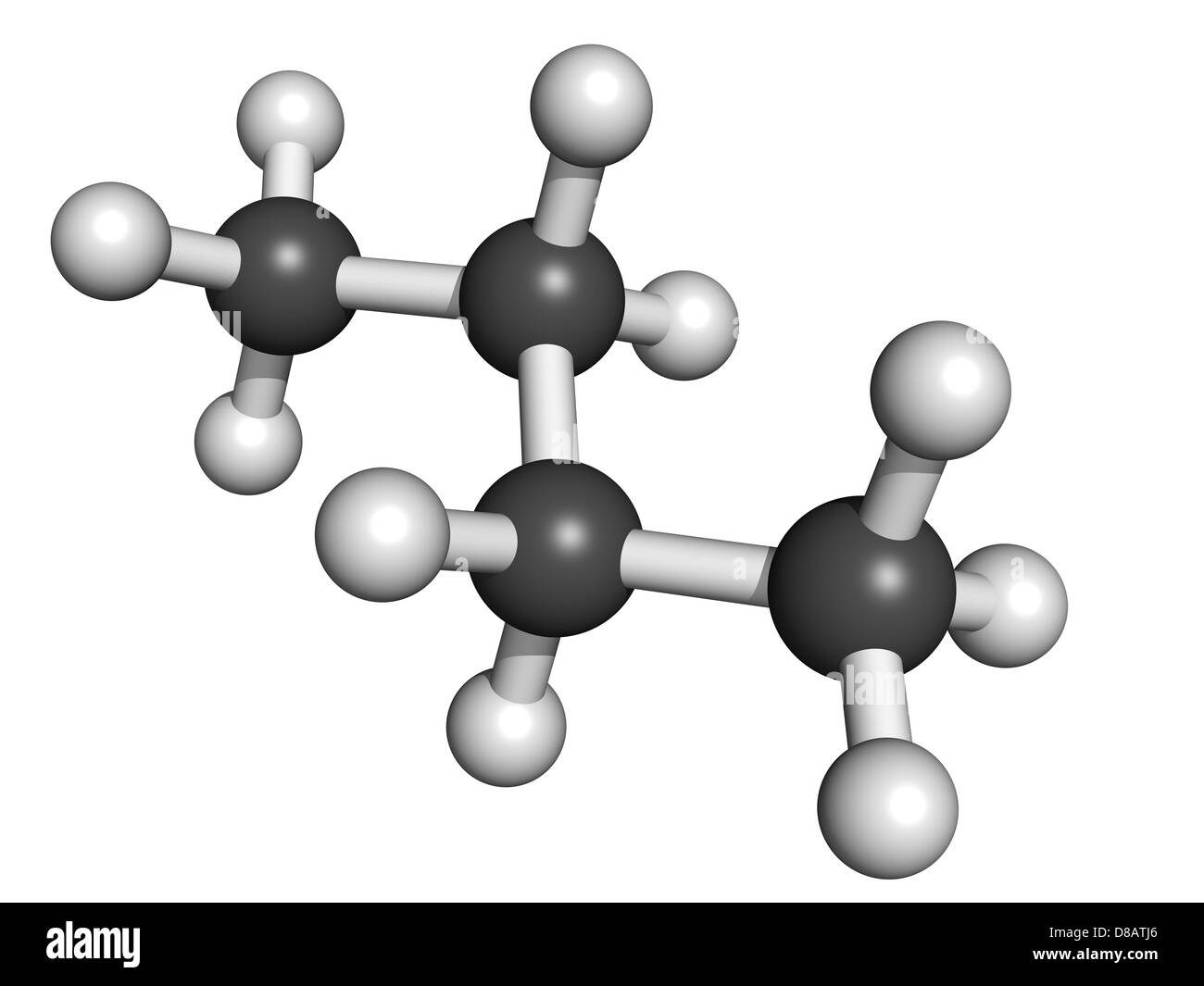 Butane, molecular model. Atoms are represented as spheres with ...