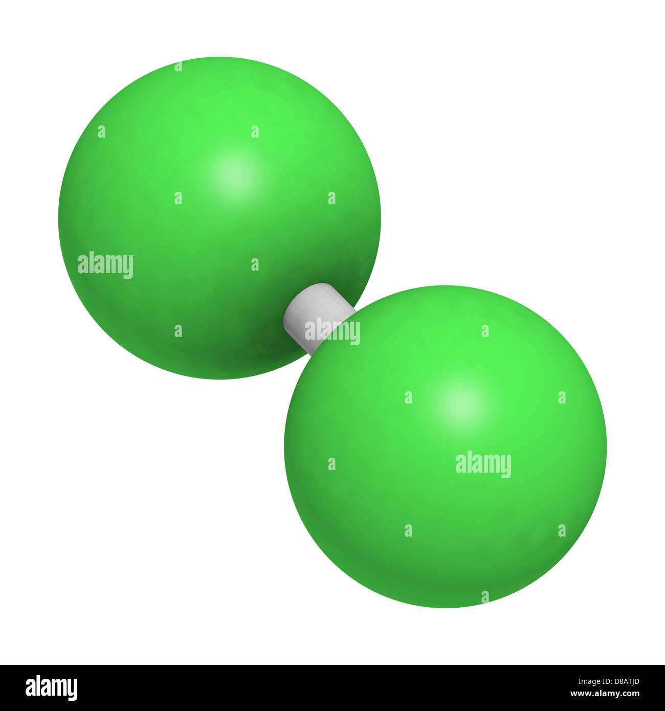 Elemental chlorine (Cl2), molecular model. Atoms are represented as spheres with conventional color coding: chlorine (green) Stock Photo