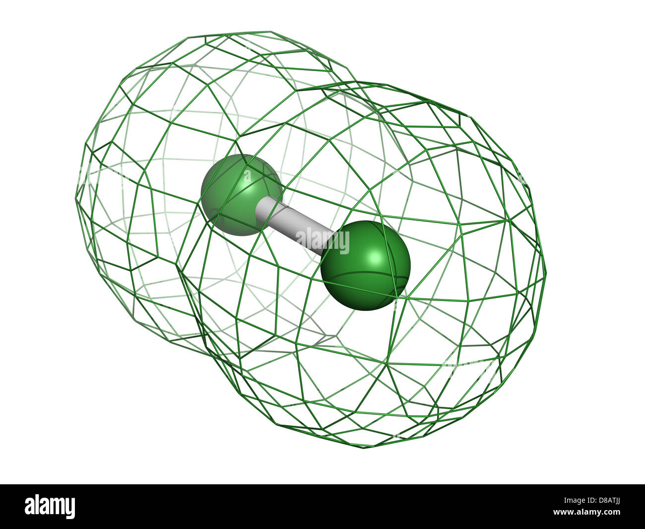 Elemental chlorine (Cl2), molecular model. Atoms are represented as