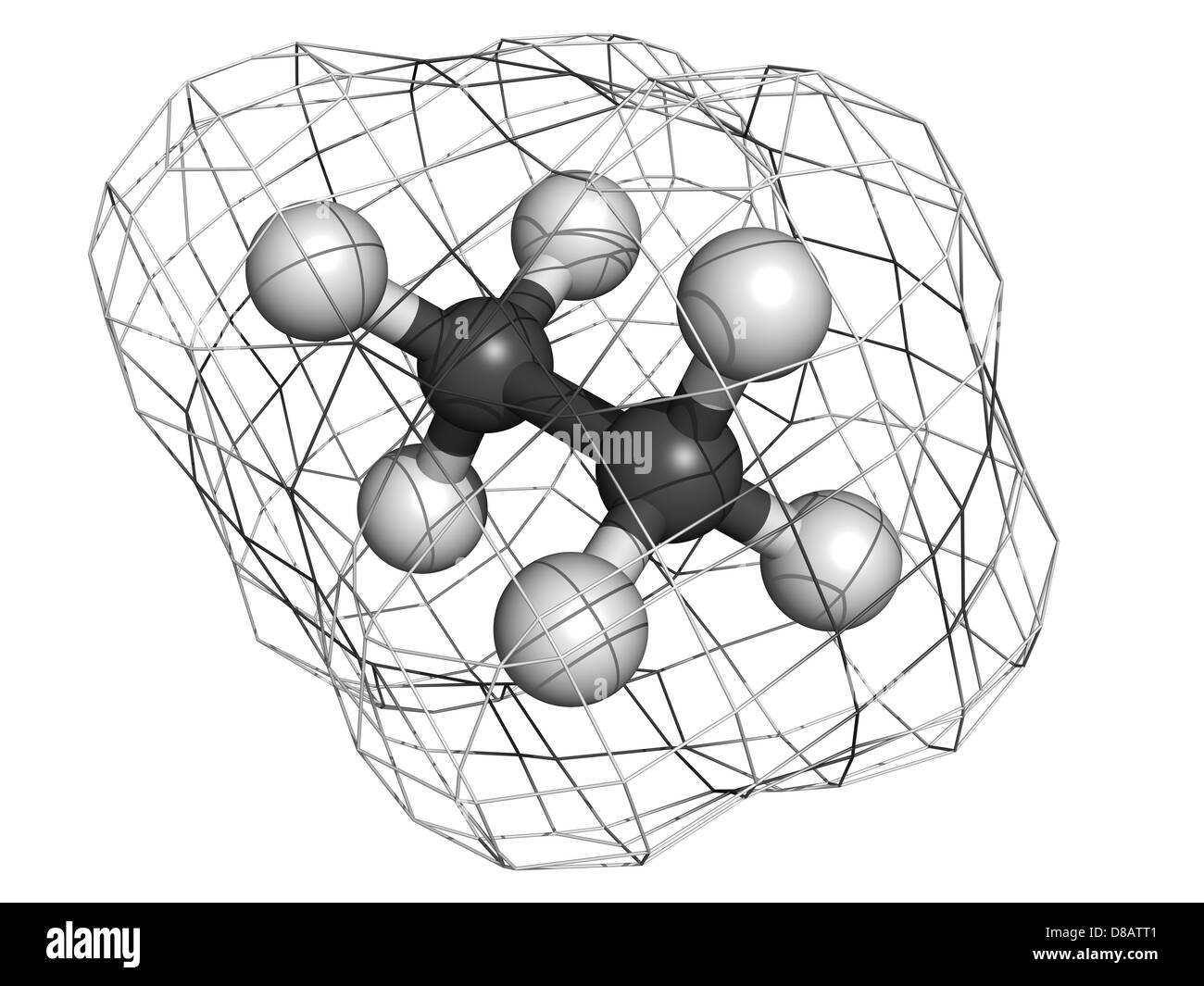 ethane natural gas component, molecular model. Atoms are represented as