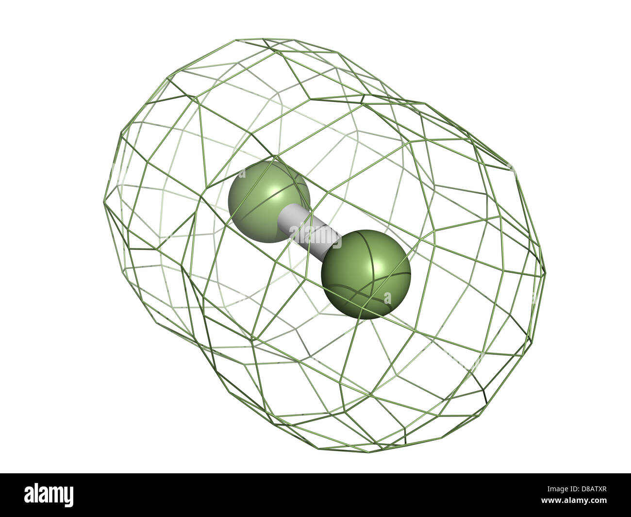 Elemental fluorine (F2), molecular model. Atoms are represented as spheres with custom color coding: fluorine (green) Stock Photo