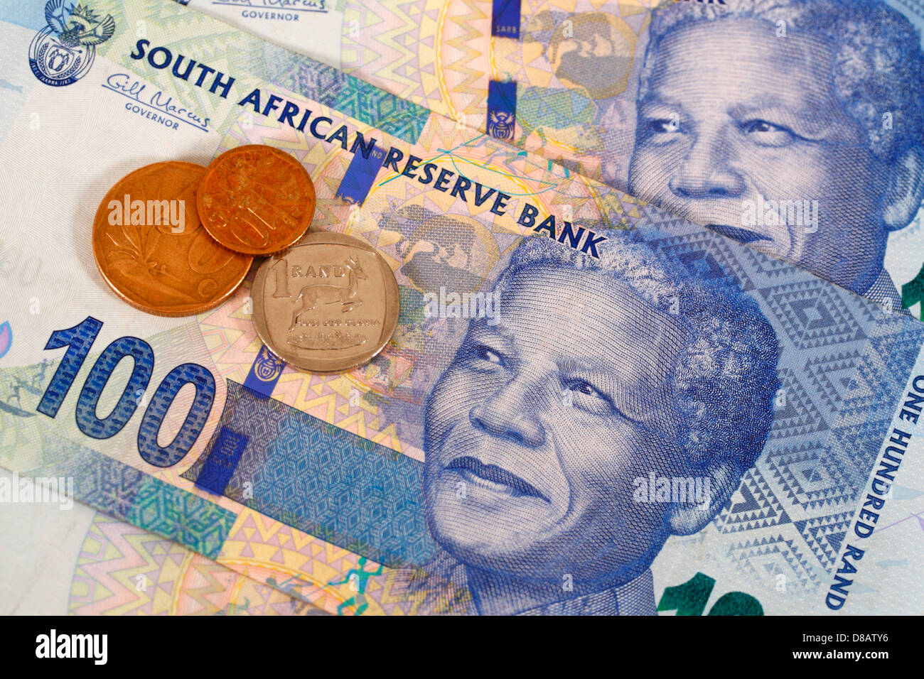 South African coins and new one hundred rand bank notes Stock Photo
