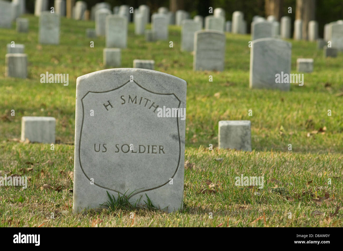 US soldier's headstone amid other Union graves, National Cemetery, Shiloh National Military Park, Tennessee. Digital photograph Stock Photo