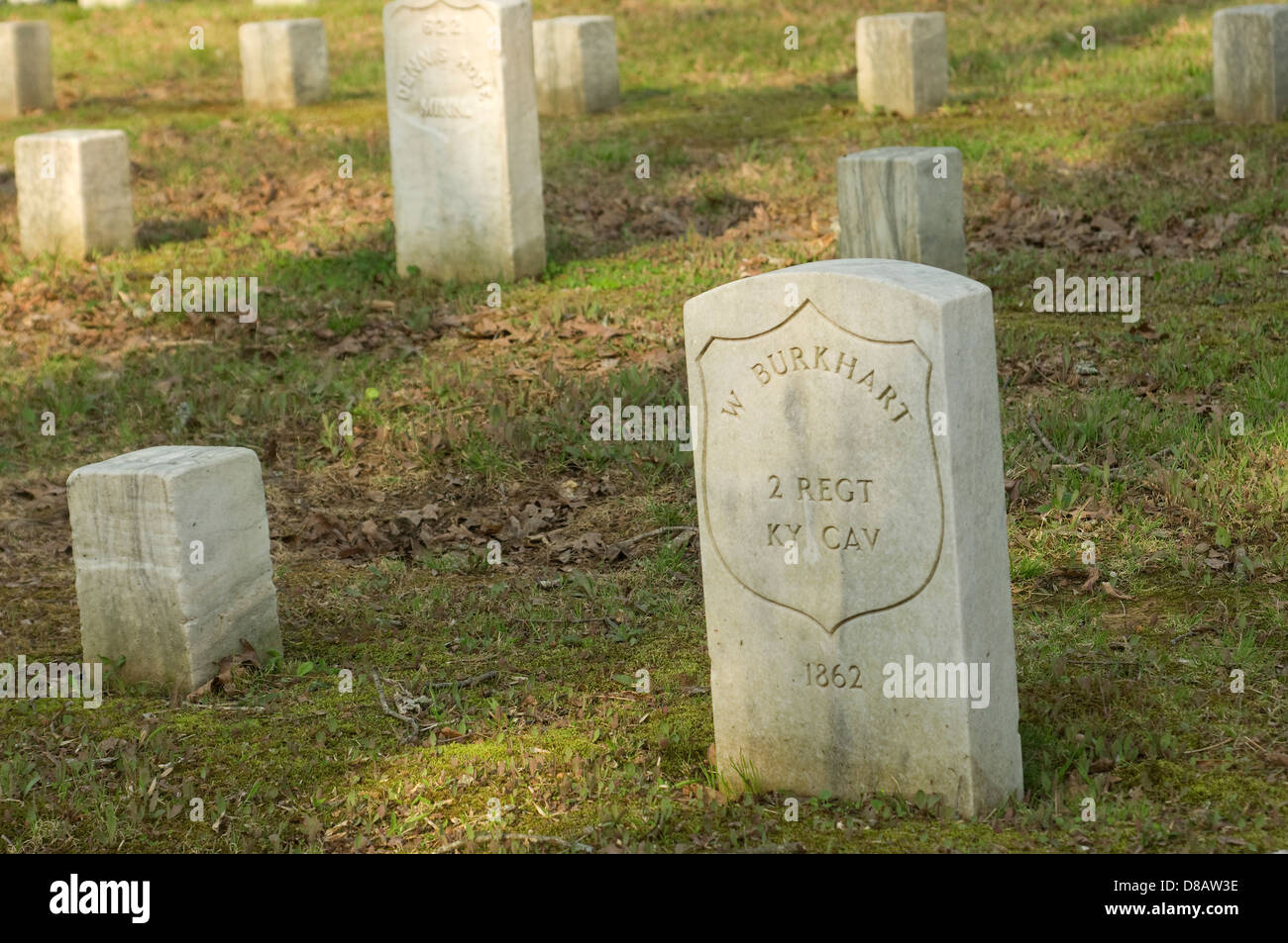 Kentucky cavalry soldier's headstone amid other Union graves, National Cemetery, Shiloh National Military Park, Tennessee. Digital photograph Stock Photo