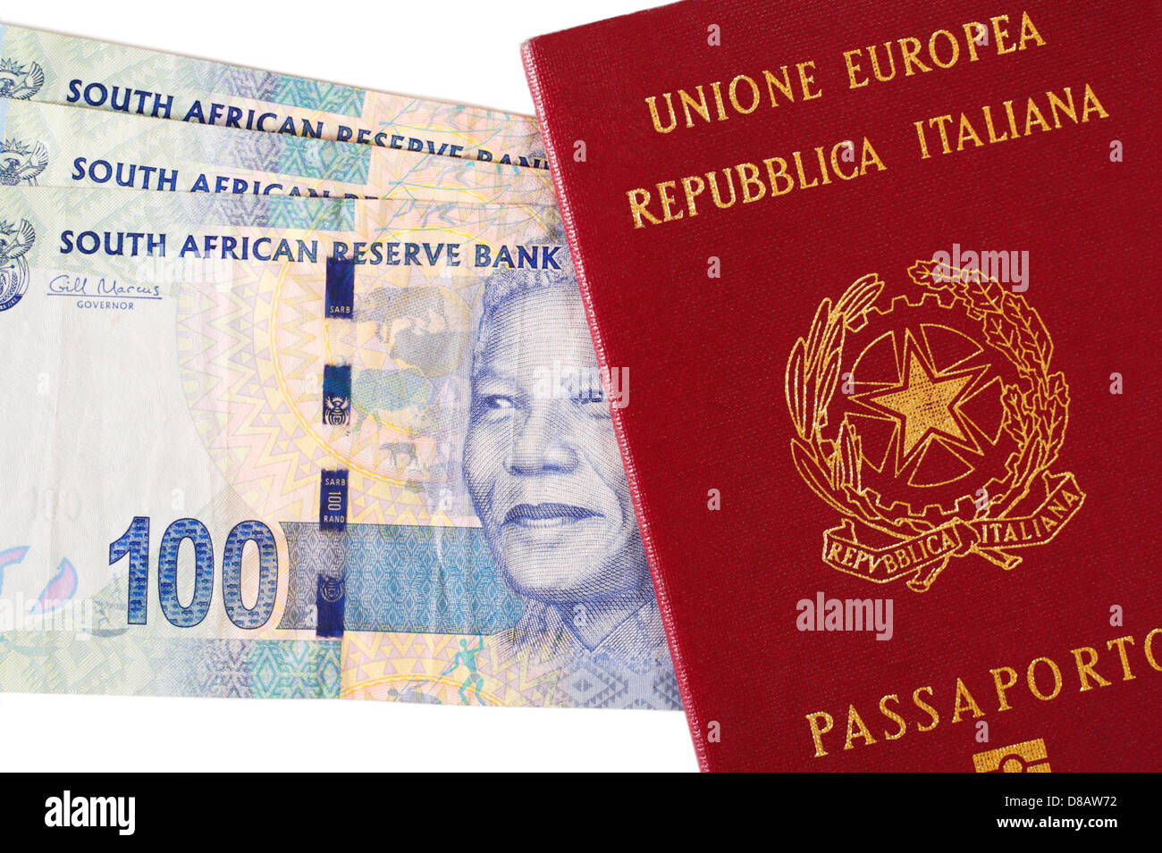 An Italian EU passport with new South African rands currency Stock Photo