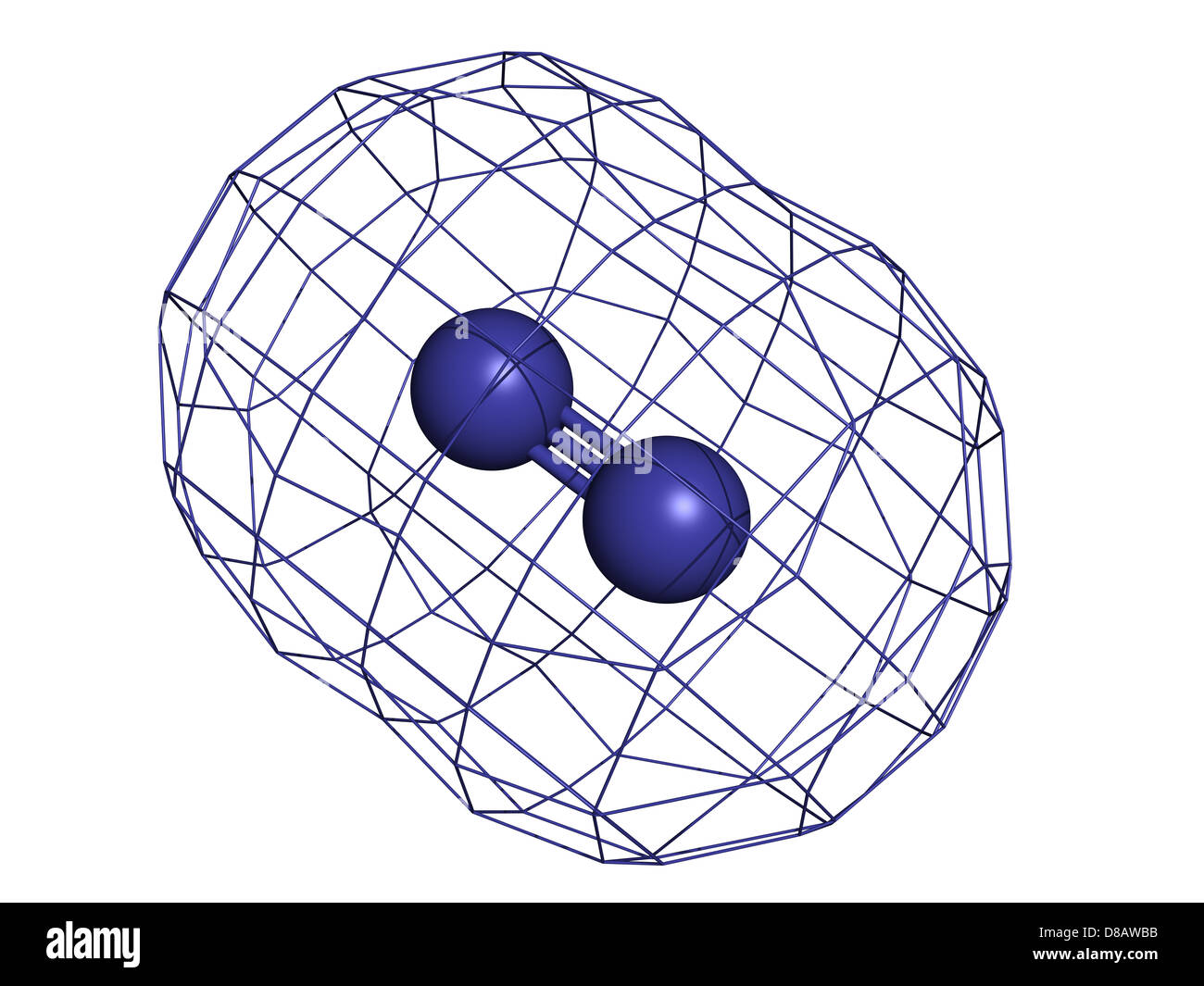 Elemental nitrogen (N2), molecular model. Nitrogen gas is the main