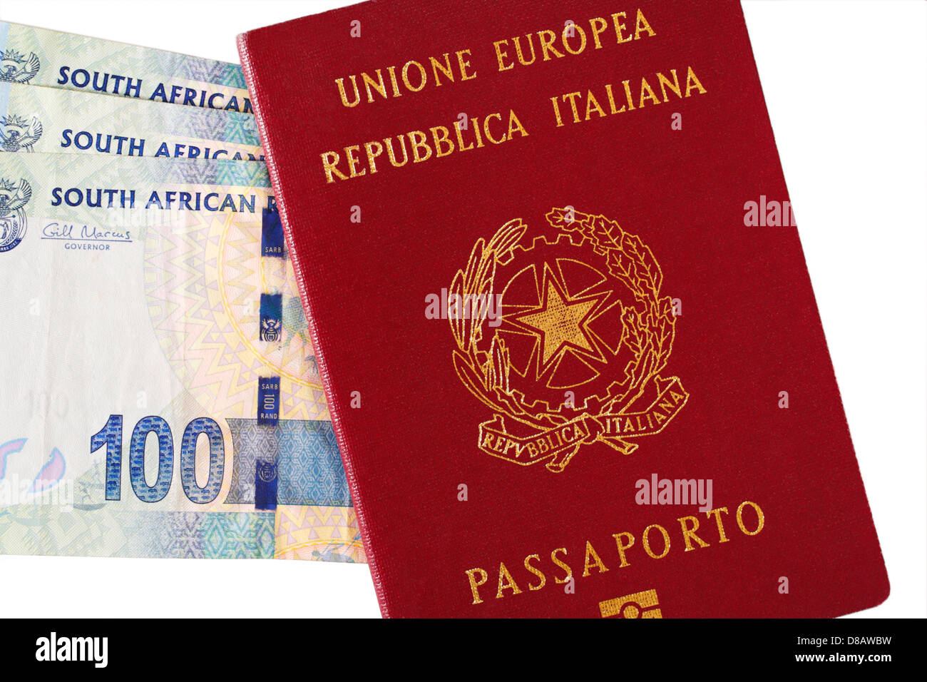 An Italian EU passport with new South African rands currency Stock Photo