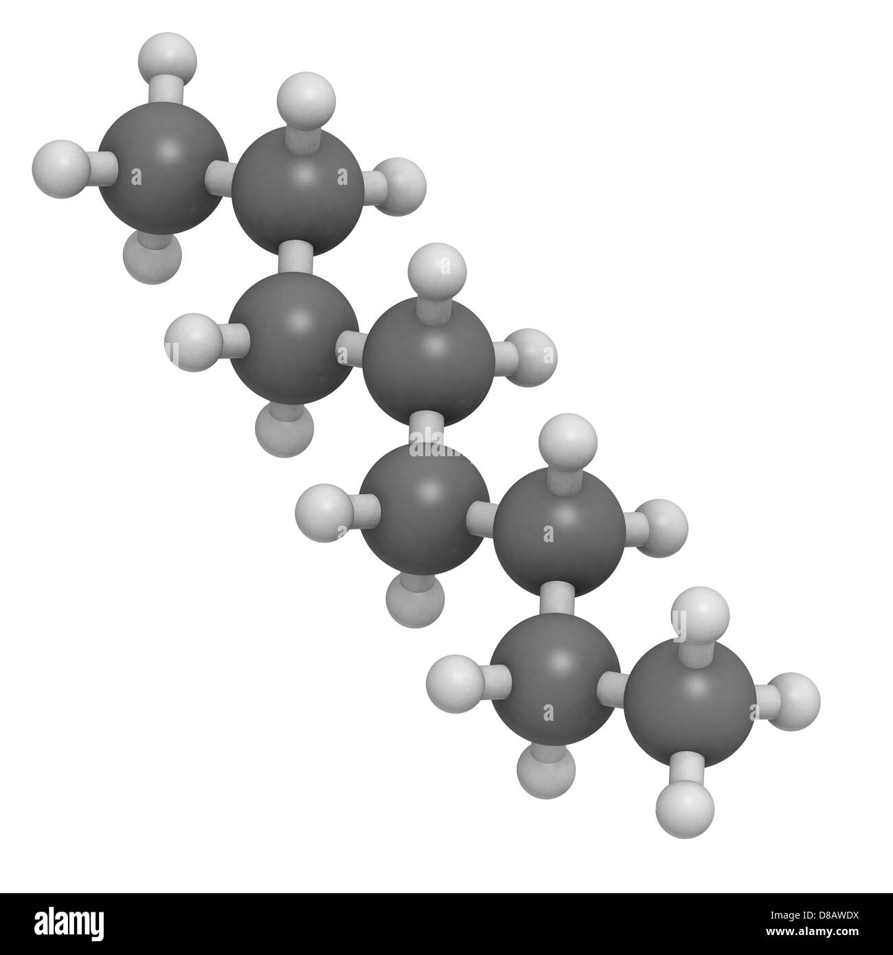 Octane hydrocarbon, molecular model. Atoms are represented as spheres