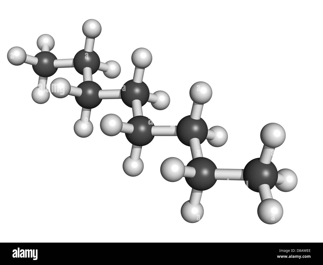 Octane hydrocarbon, molecular model. Atoms are represented as spheres