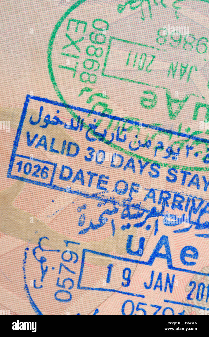 Passport stamps for Dubai, United Arab Emirates Stock Photo