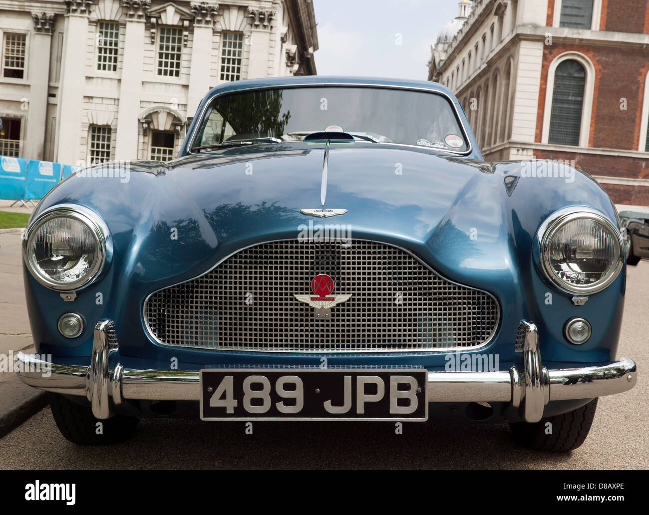 Front view of a vintage 1959, Blue, Aston Martin DB Mark III on display at  the Old Royal Naval College, Greenwich Stock Photo - Alamy