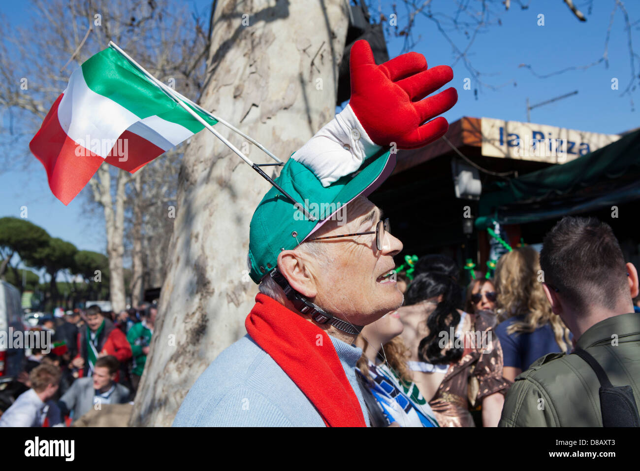 Italian rugby fan wearing funny hat Stock Photo - Alamy