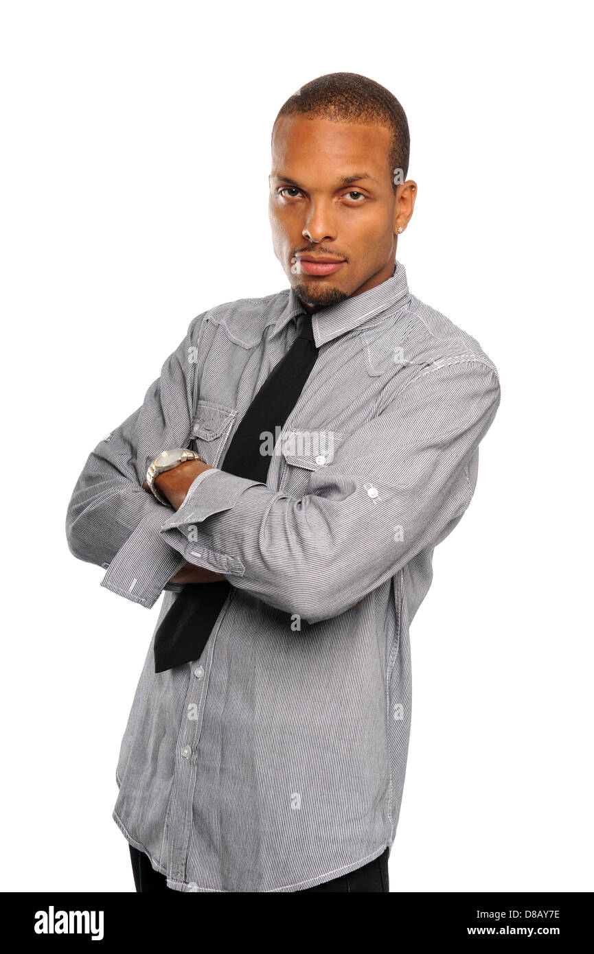 Black businessman with arms crossed isolated on a white background ...