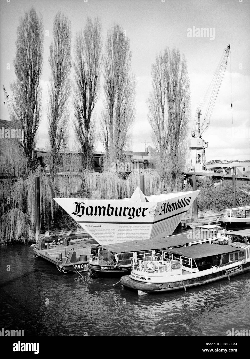 Commercial float of newspaper 'Hamburger Abendblatt' at Norderwerft shipyard in the port of Hamburg. Stock Photo