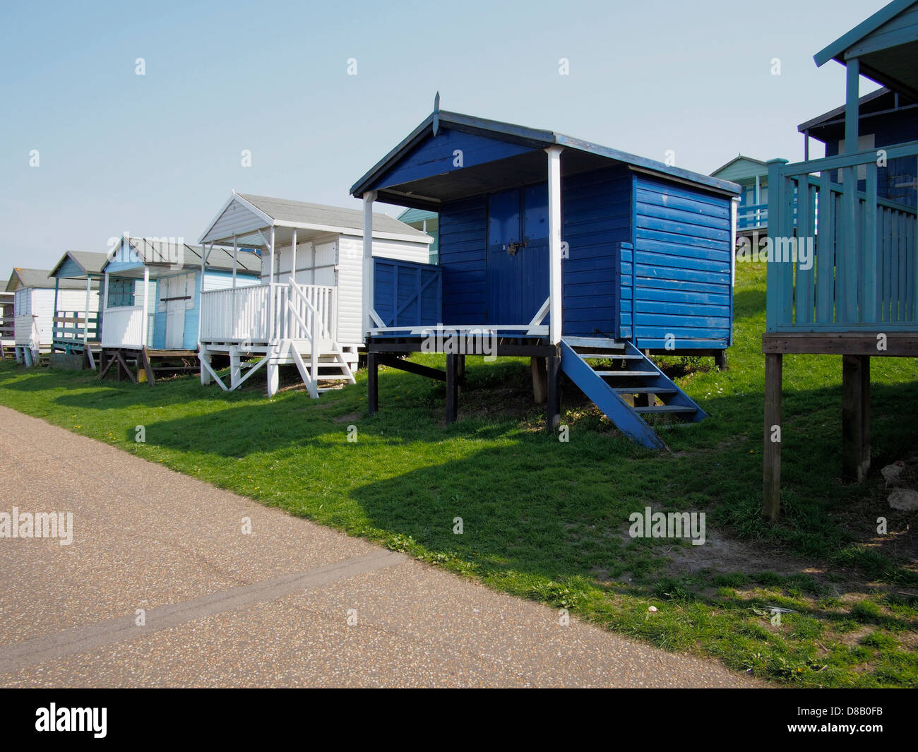 Beach huts on Tankerton seafront near Whitstable Kent Stock Photo