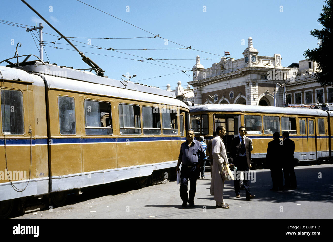 Trams outside Masr Station (Central Station) in Alexandria in Egypt. Stock Photo